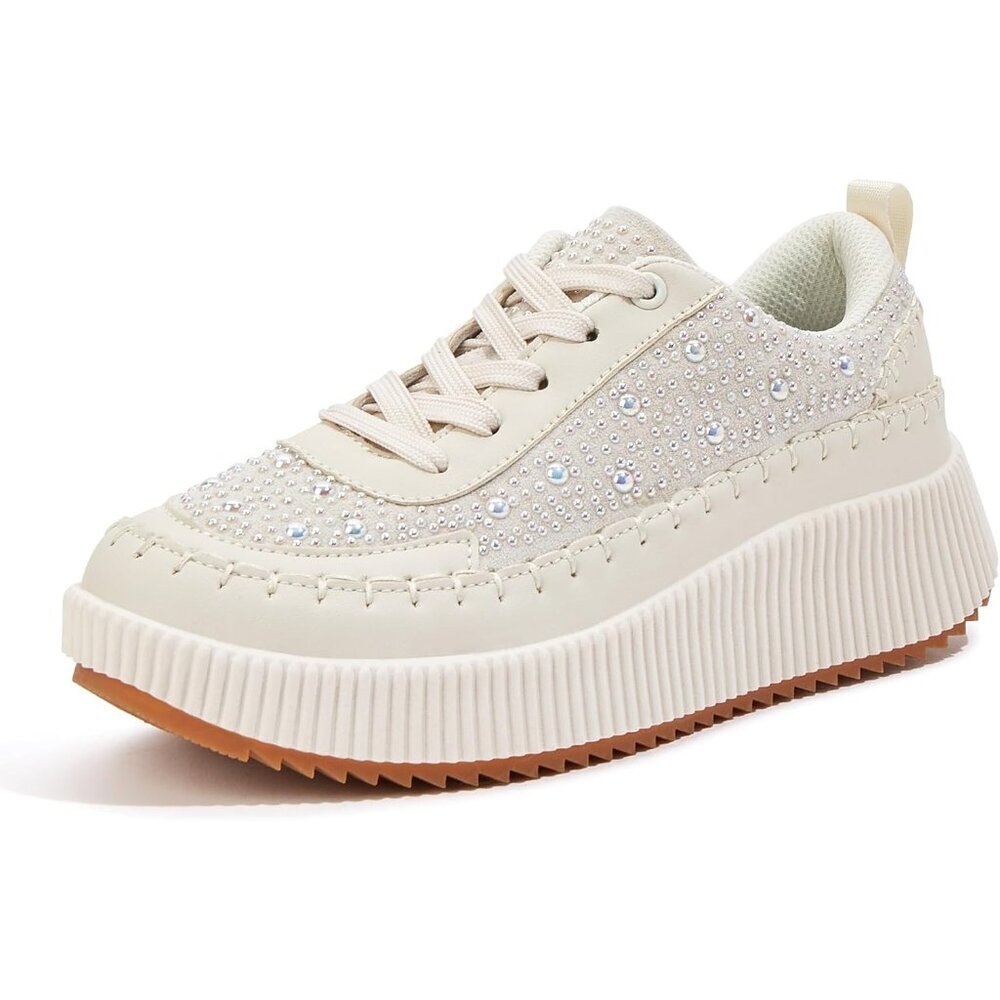 Women's Beige Pearl Rhinestone Fashion Chunky Casual Sparkly Braided Sneaker